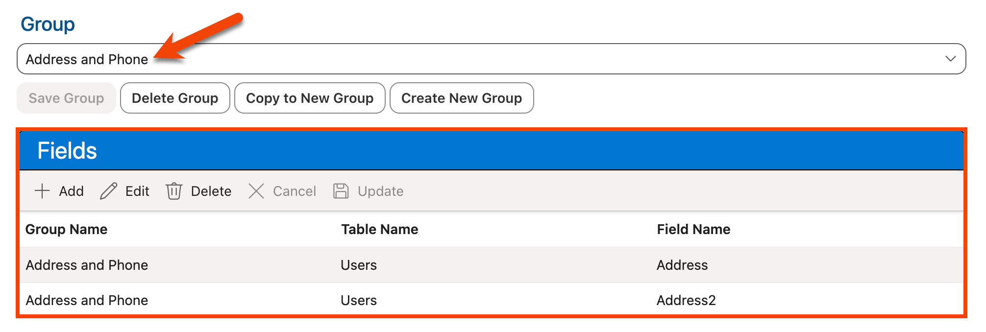 New group selected in Group dropdown with fields displayed below