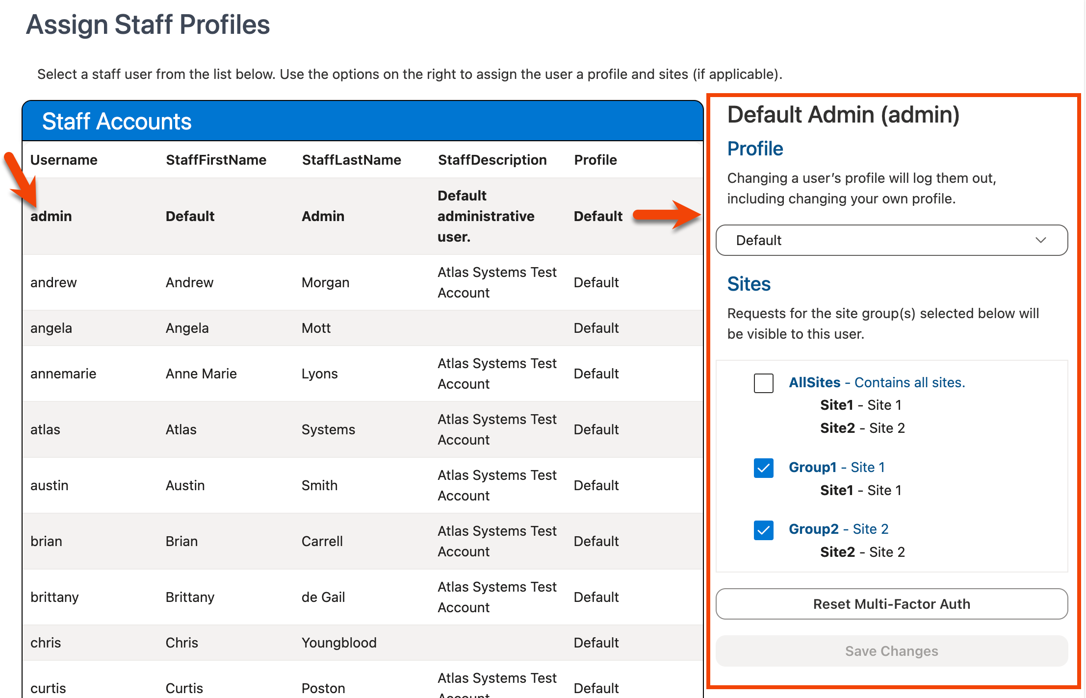 Profile assignment options next to Staff Accounts grid