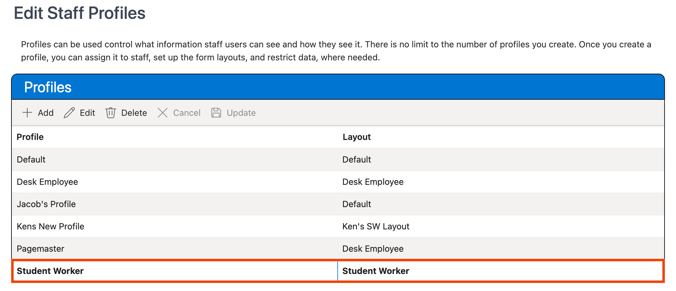 Profile selected in Profiles grid