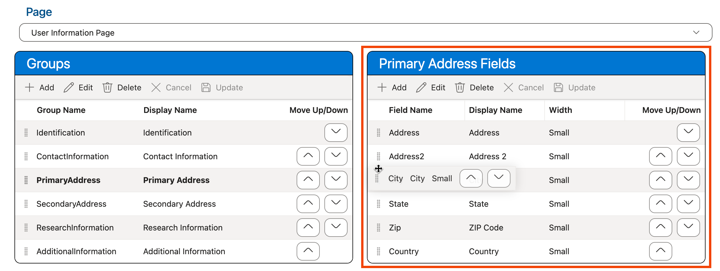 Reordering fields in the Fields grid using drag and drop