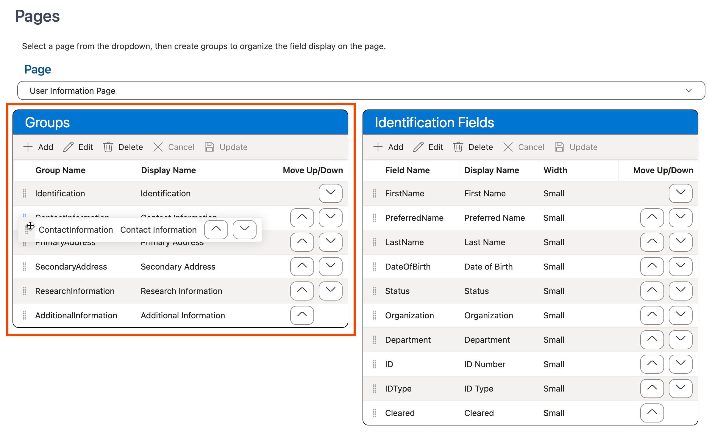 Reordering groups in the Groups grid using drag and drop