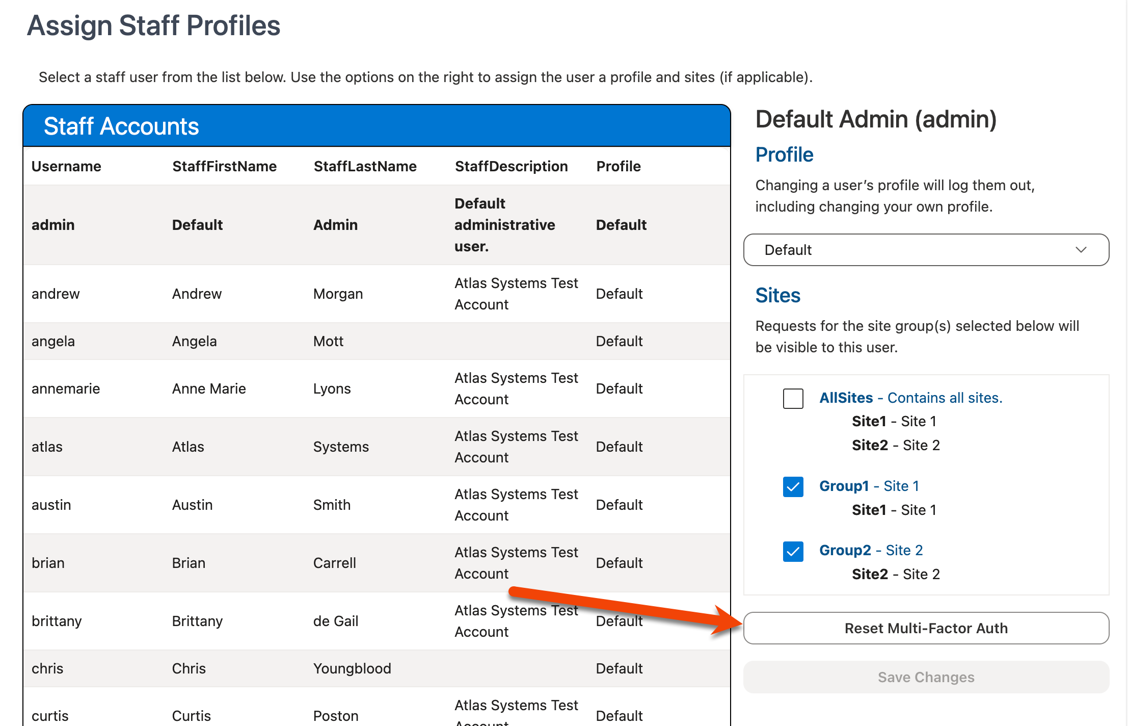 Reset Multi-Factor Auth button