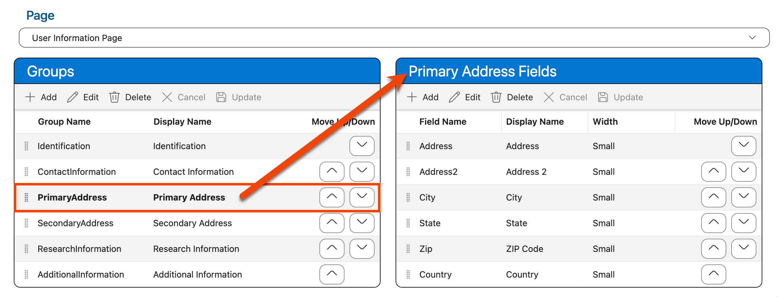 Selecting a grouping from Groups grid