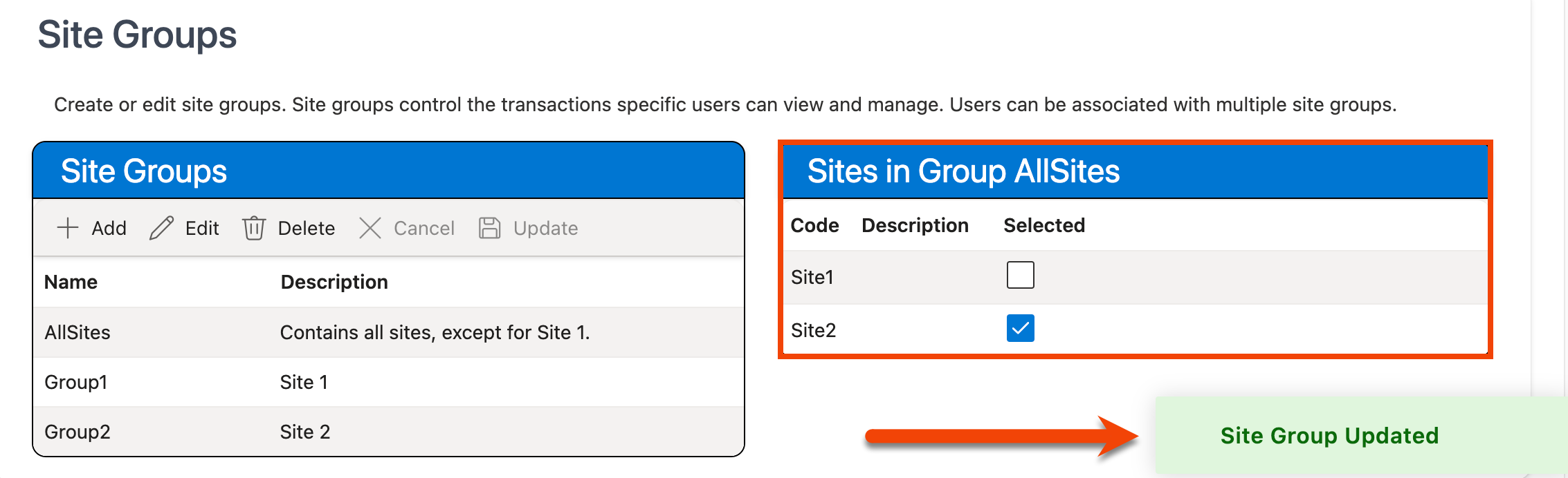 Site assignments changed in Sites in Group grid