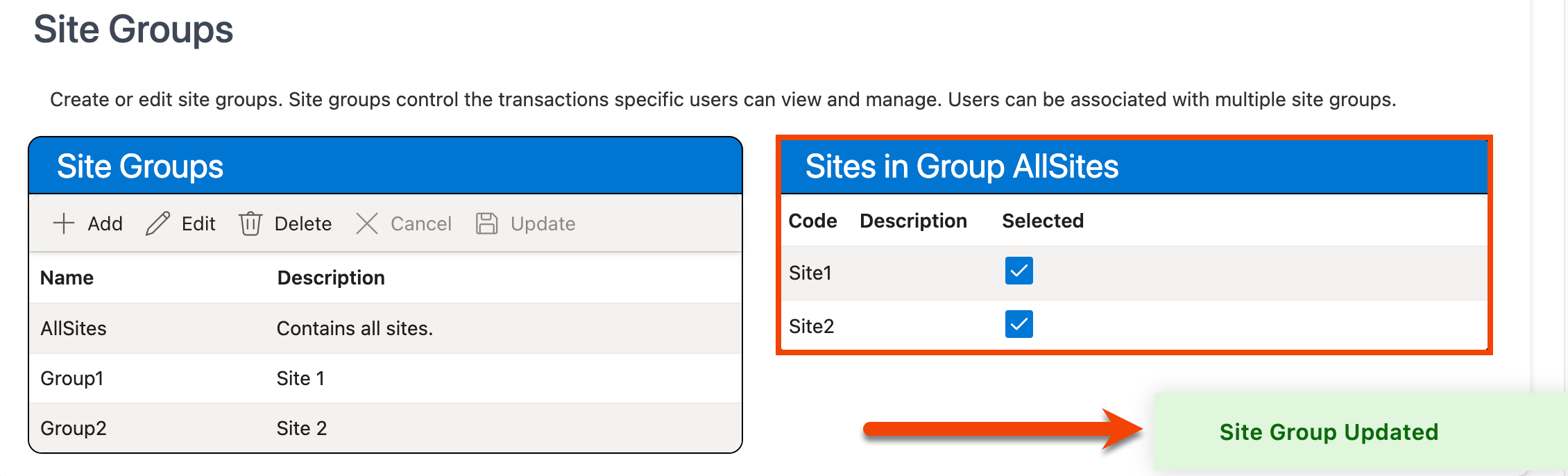 Sites selected in Sites in Group grid