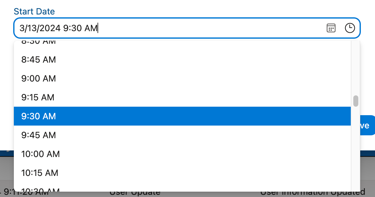 Time dropdown expanded for the Start Date datetime field on the Appointment form