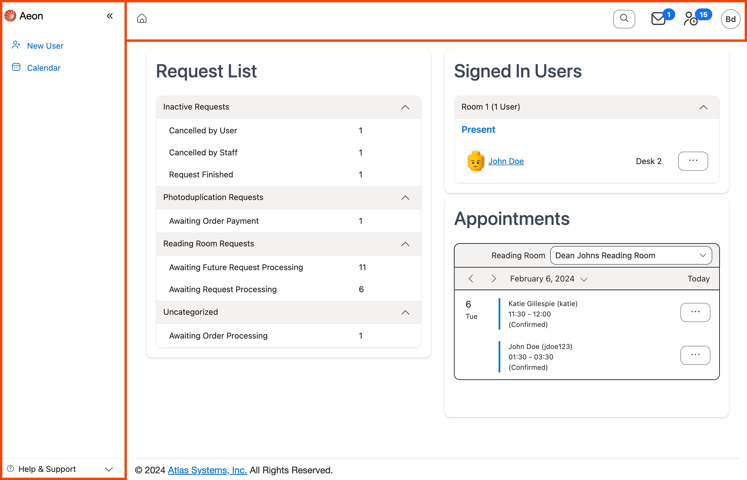 Toolbar and navigation menu highlighted on Aeon Web Client Dashboard