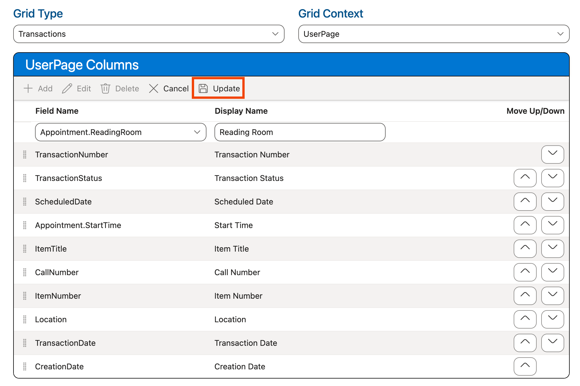 Update button in Columns grid