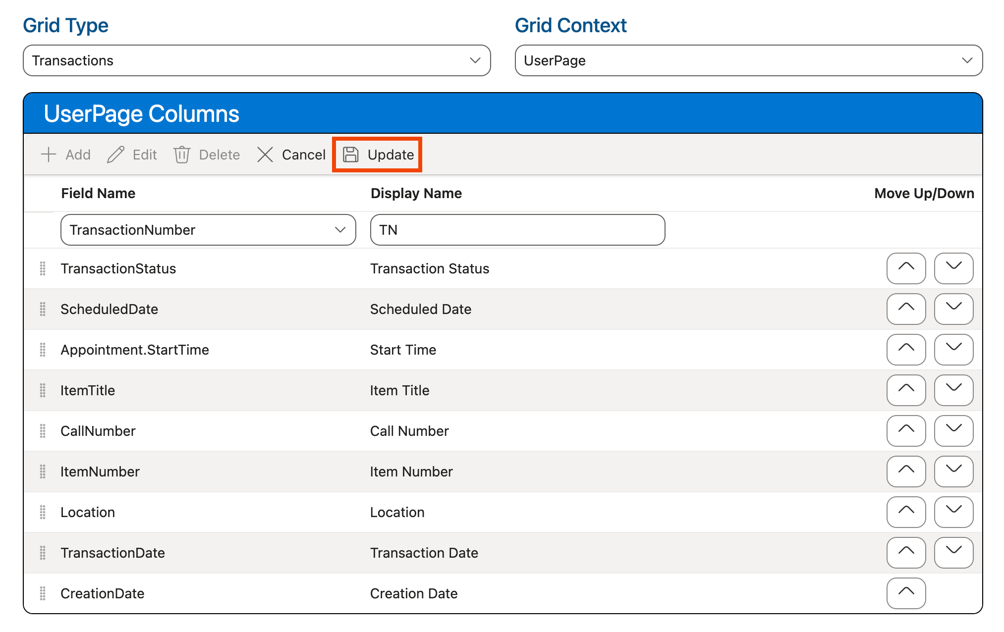 Update button in Columns grid