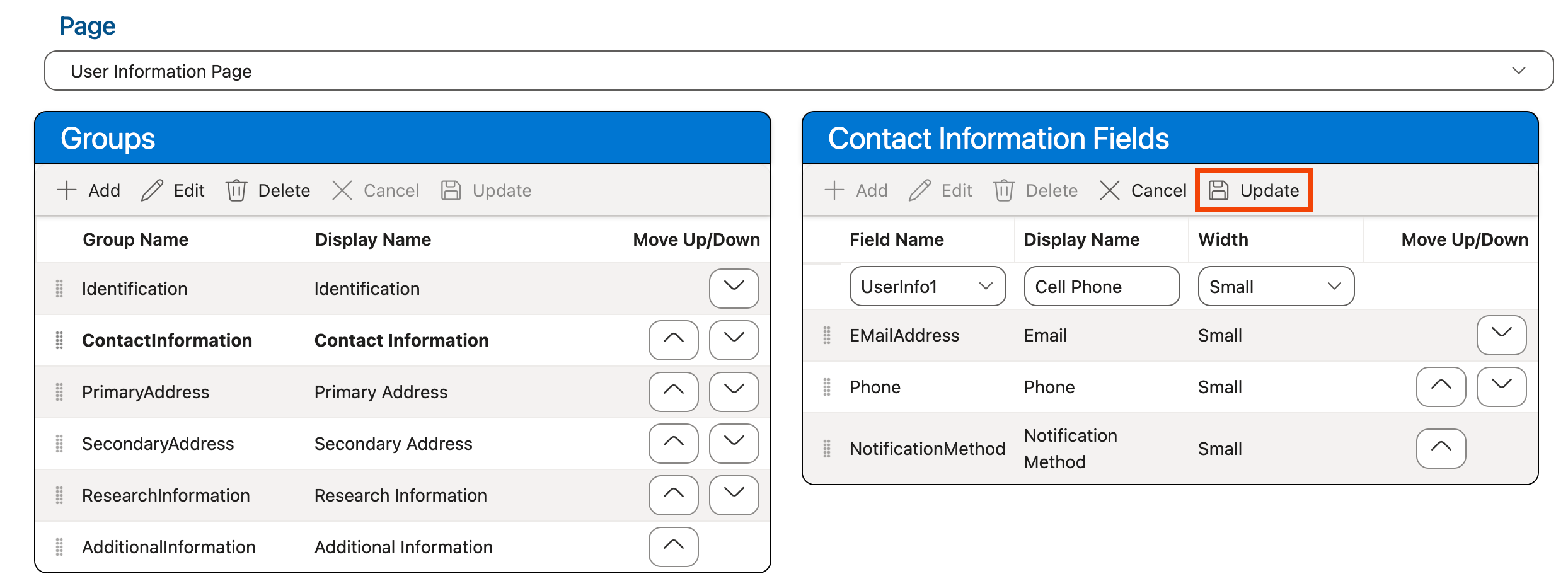 Update button in Fields grid