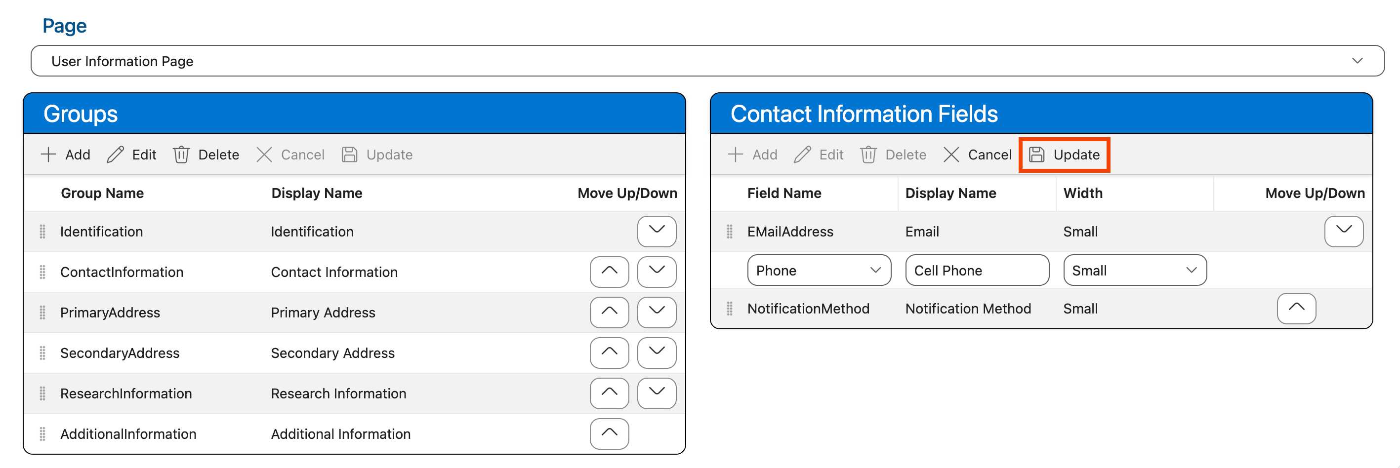 Update button in Fields grid