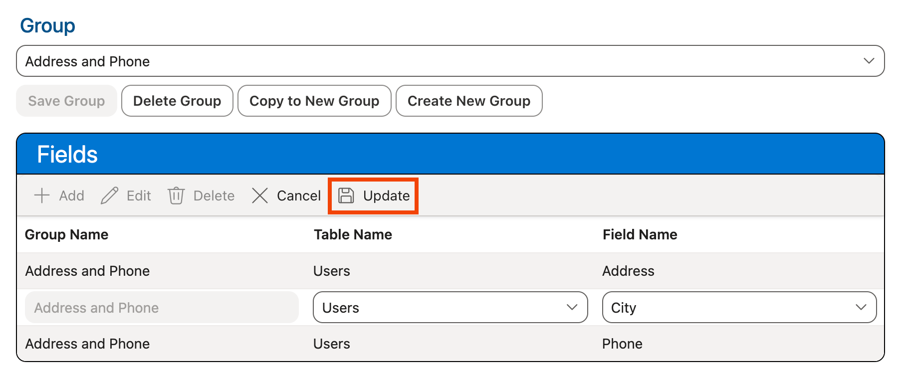Update button in Fields grid