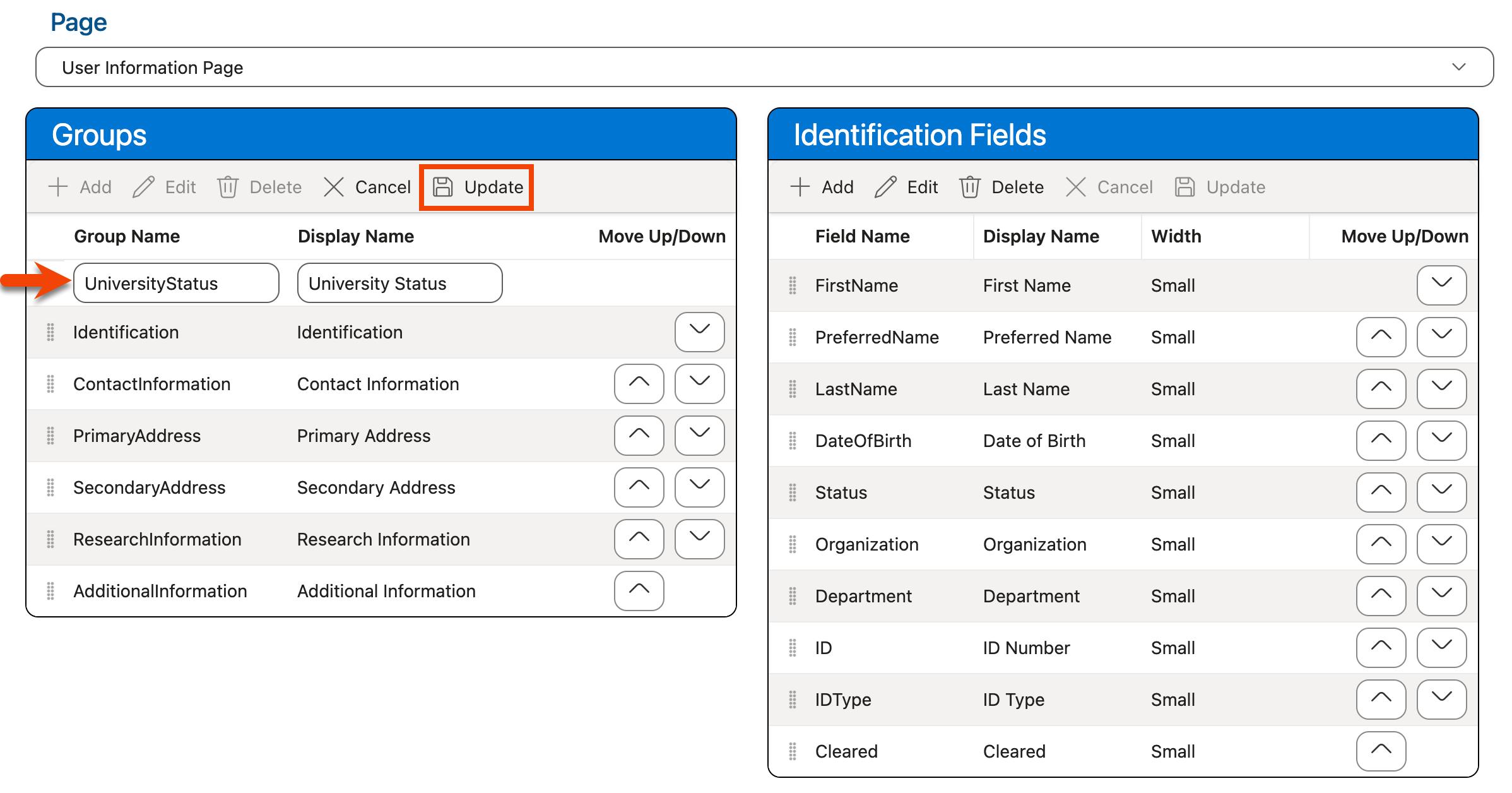 Update button in Groups grid