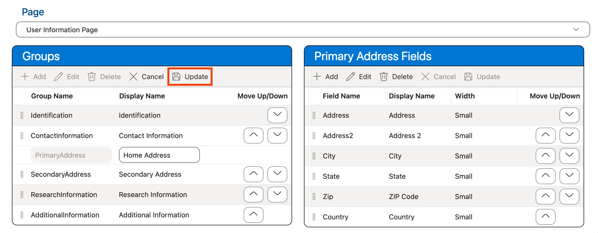 Update button in Groups grid