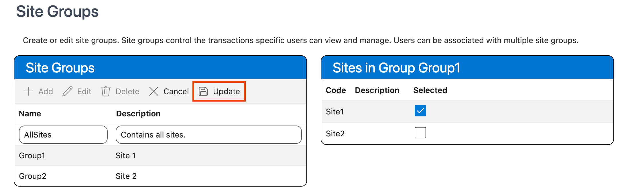 Update button in Site Groups grid