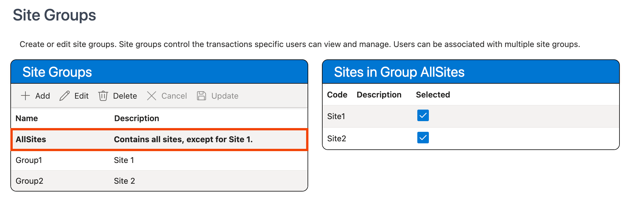 Updated site group in Site Groups grid