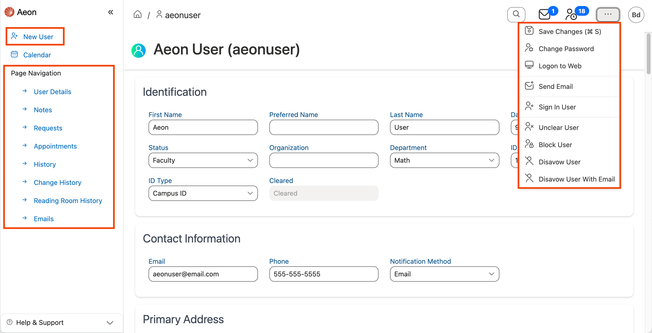 User Management options on the User Information page