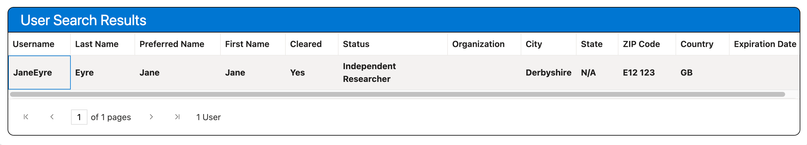 User Search Results grid