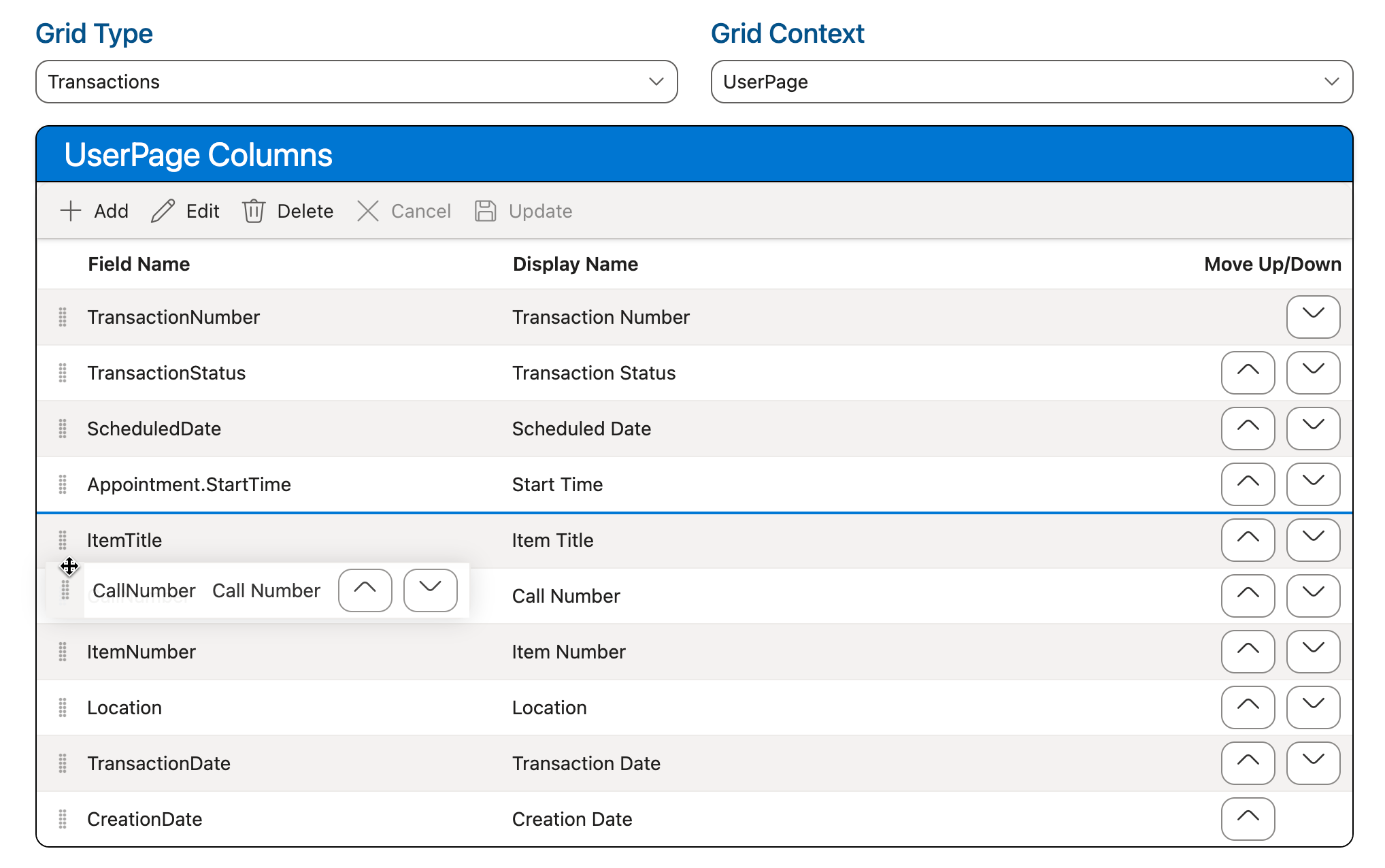 Using drag and drop controls to reorder the fields in the Columns grid