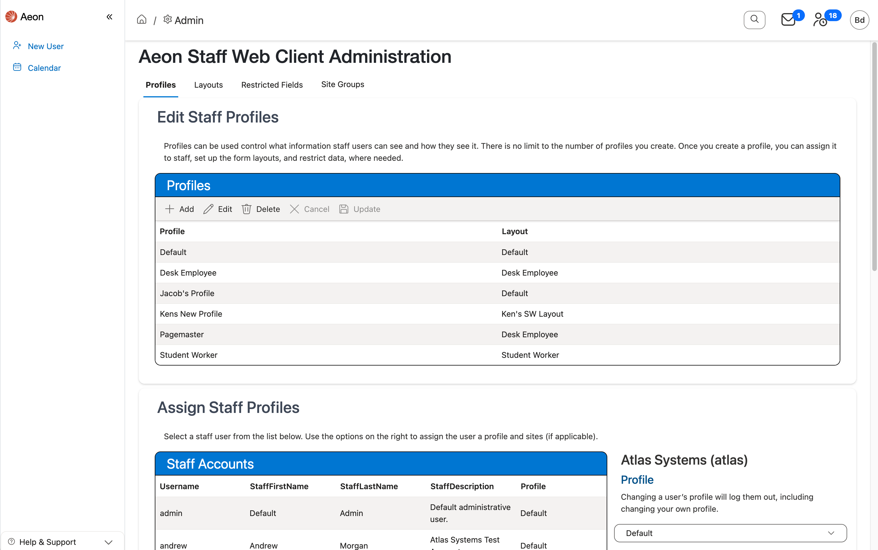 Web Client Staff Administration page