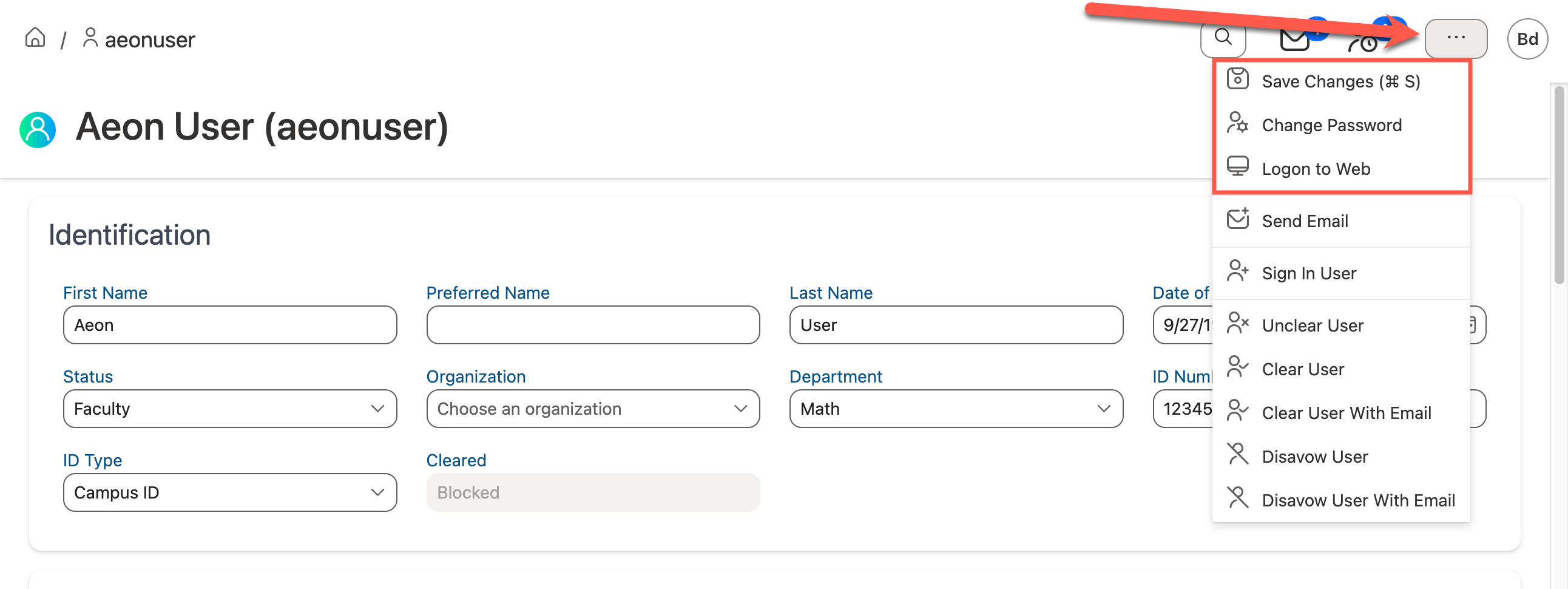 Action Menu expanded on User Information page with administrative actions highlighted