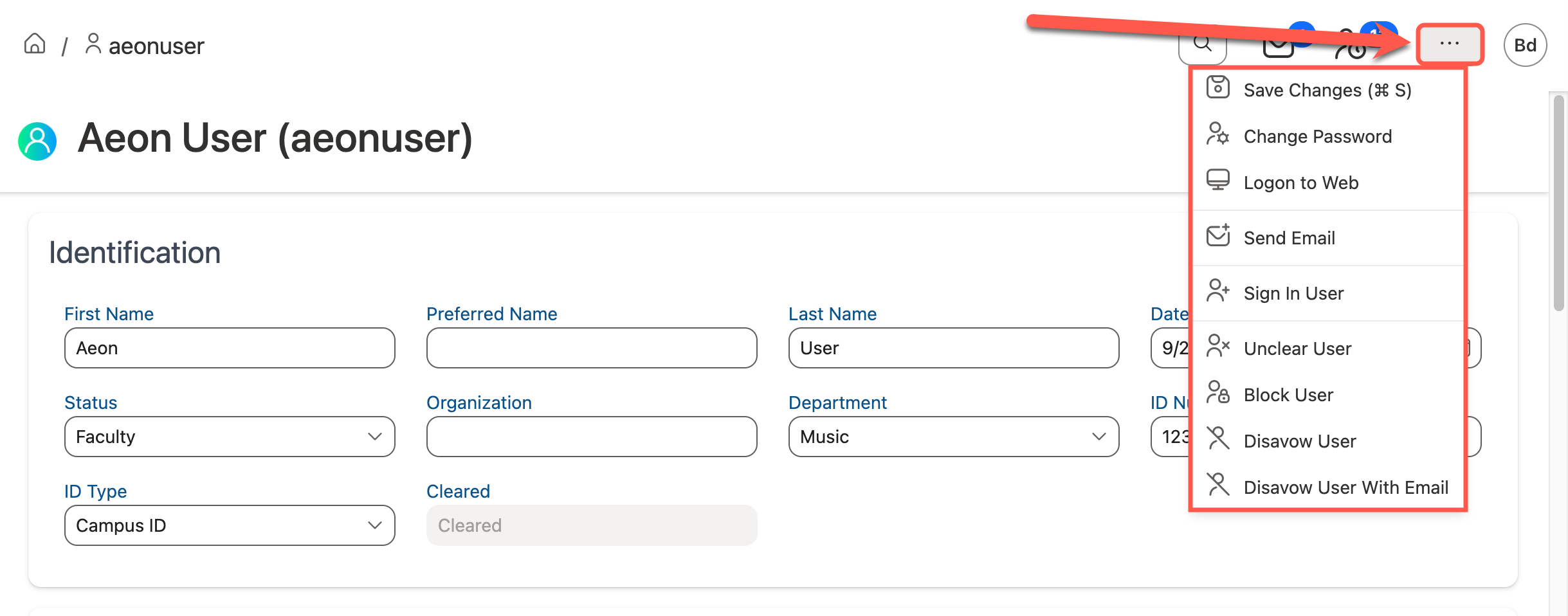 Action Menu expanded on the user profile page