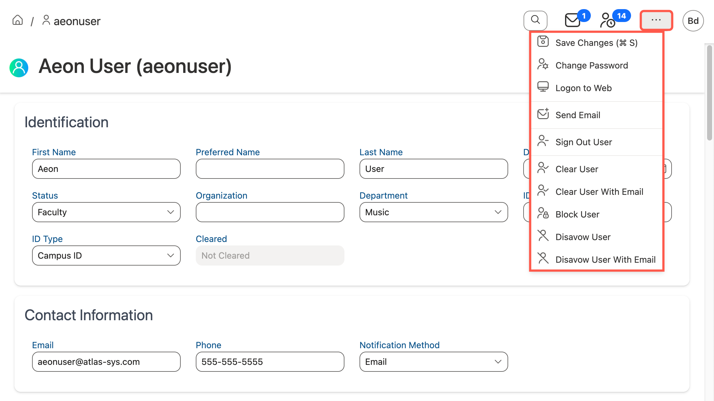 Action menu displayed for uncleared user