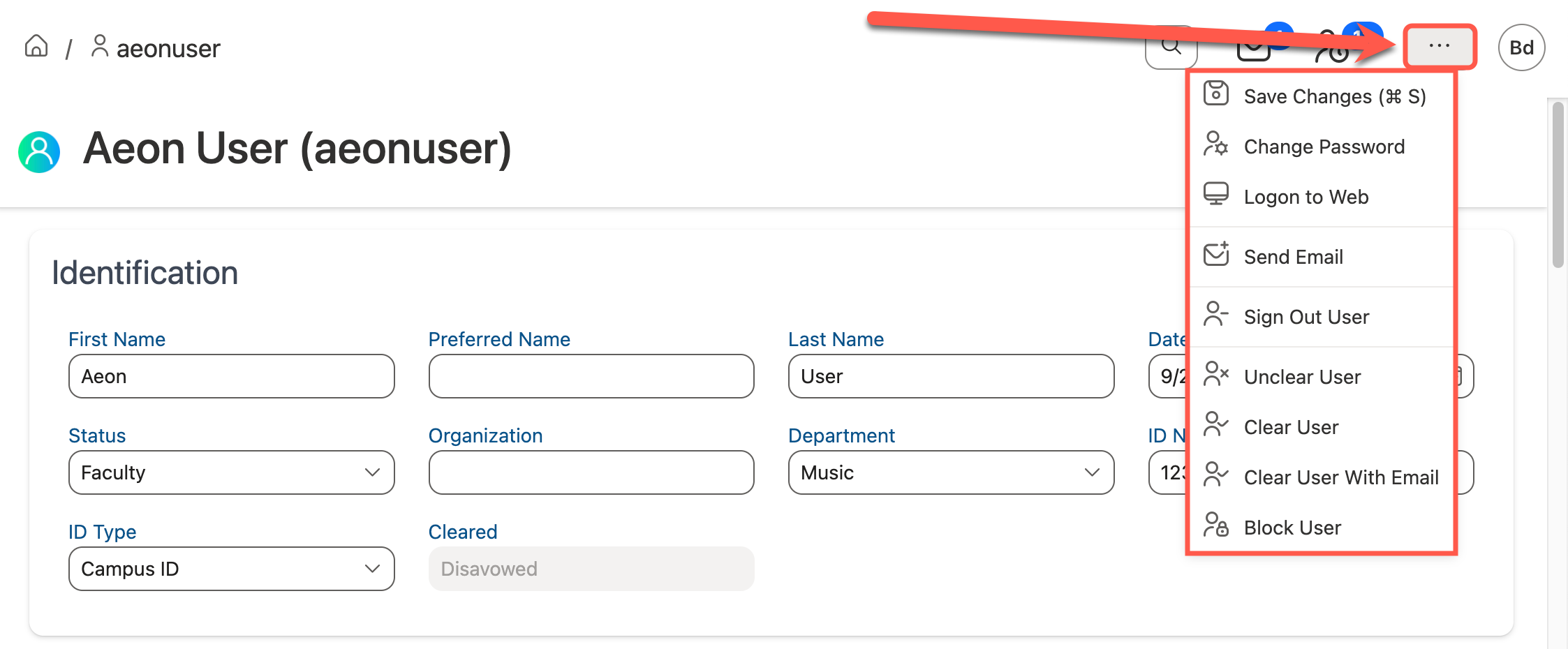 Action menu expanded on user profile page
