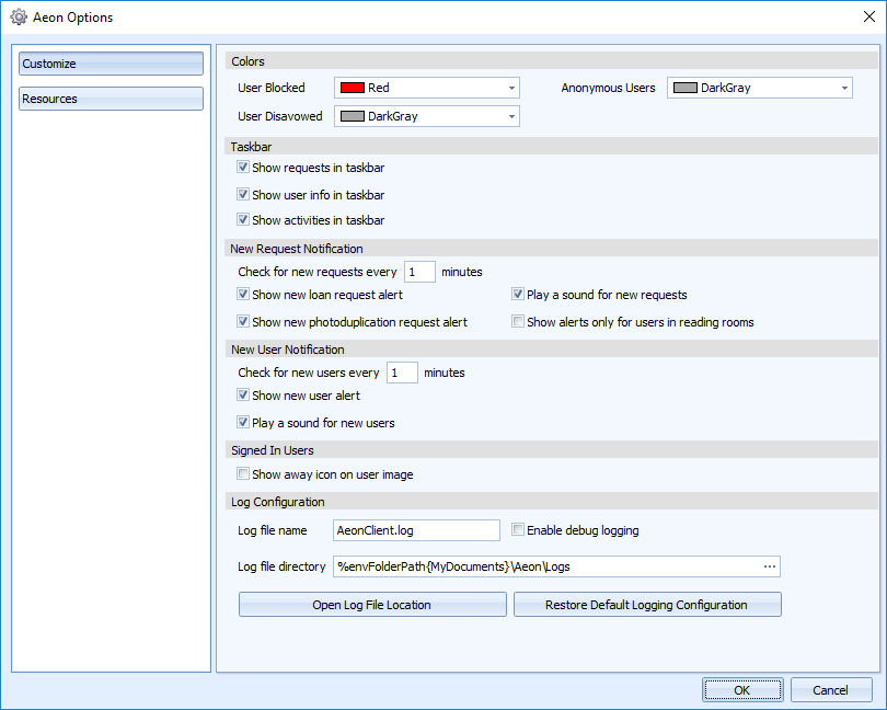 The Aeon Options dialog Colors section showing the Anonymous Users display color set to DarkGray