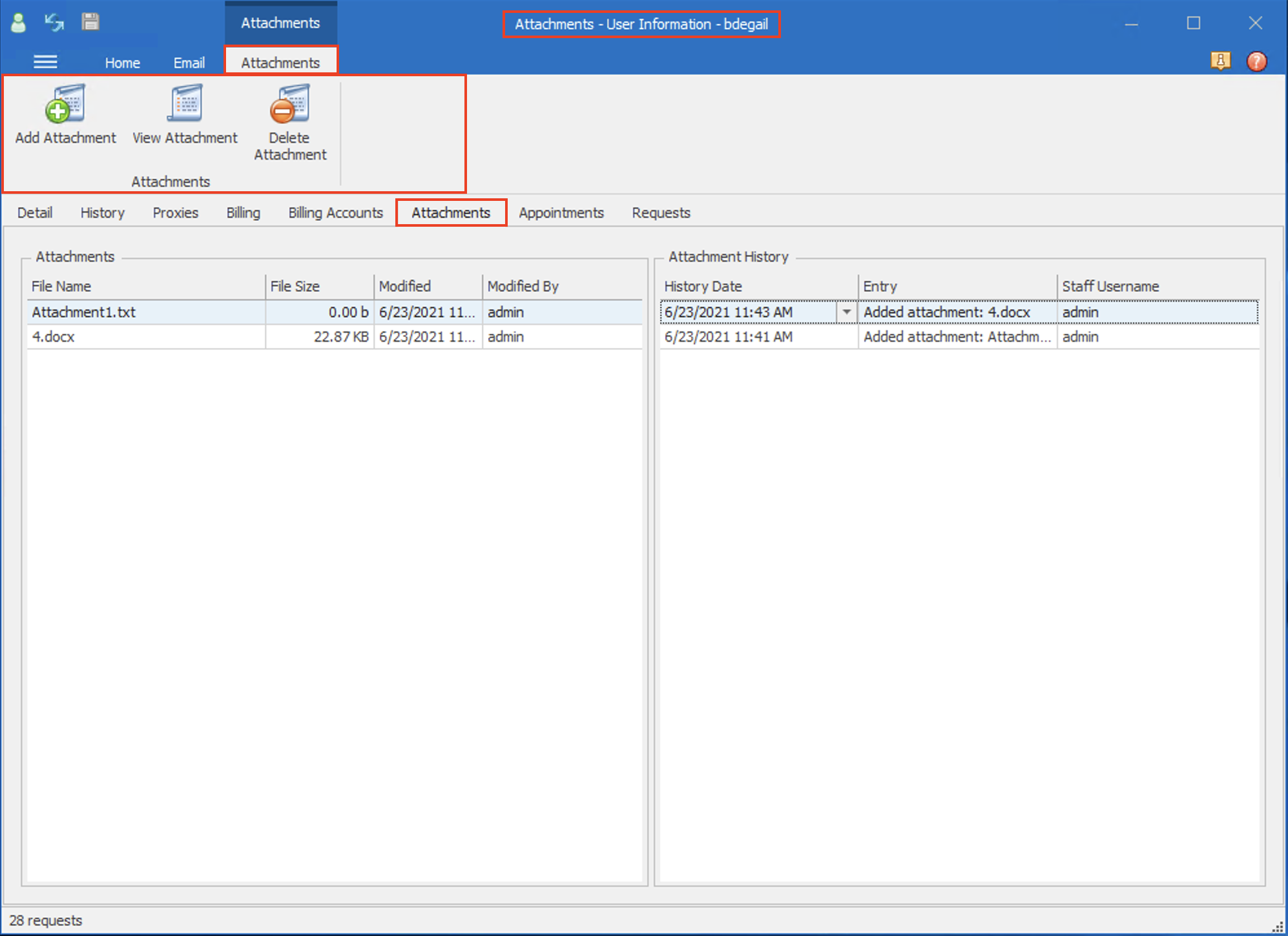 Attachments ribbon highlighted on User Information form