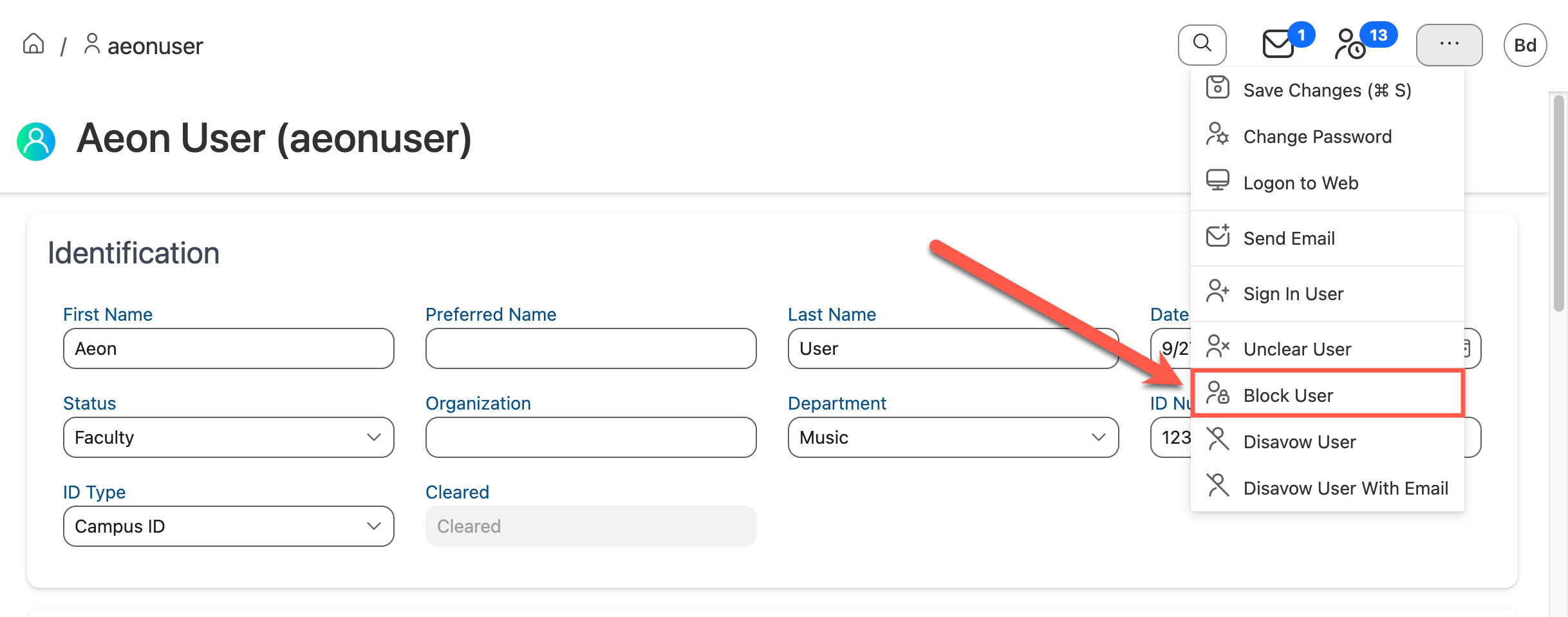 Block User option in Action menu