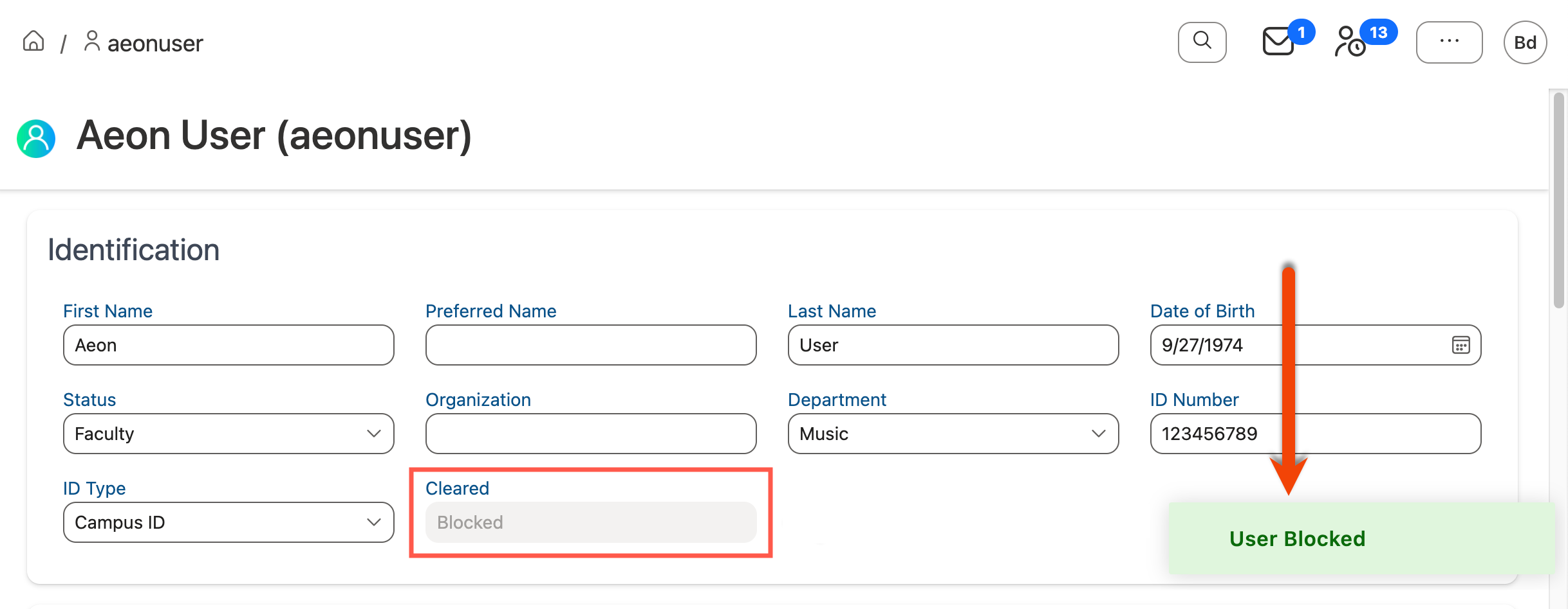 Blocked clearance status displayed on user's profile