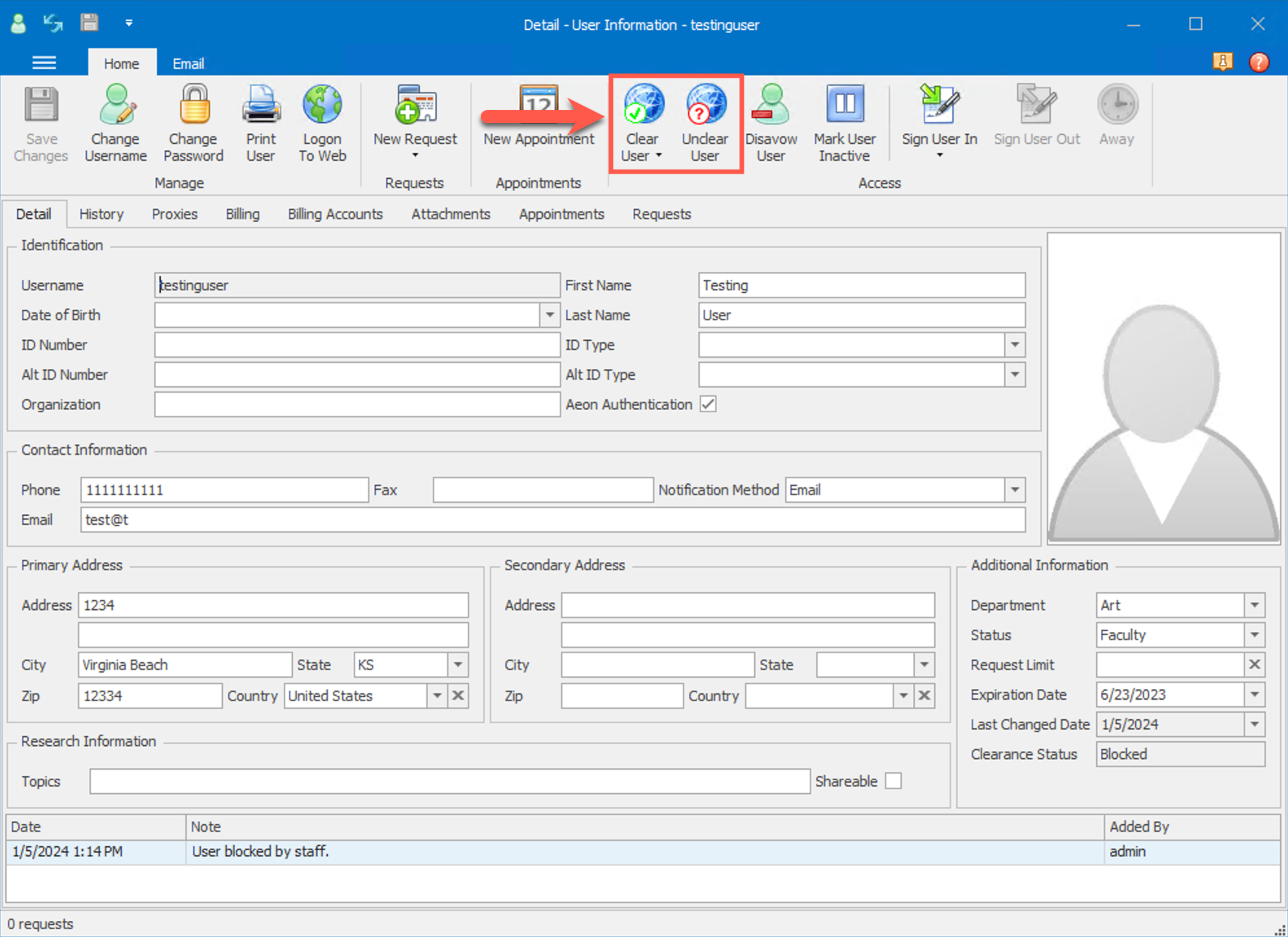 A blocked user's Information form in the Aeon Desktop Client with the Clear User and Unclear User buttons highlighted, used to unblock the user