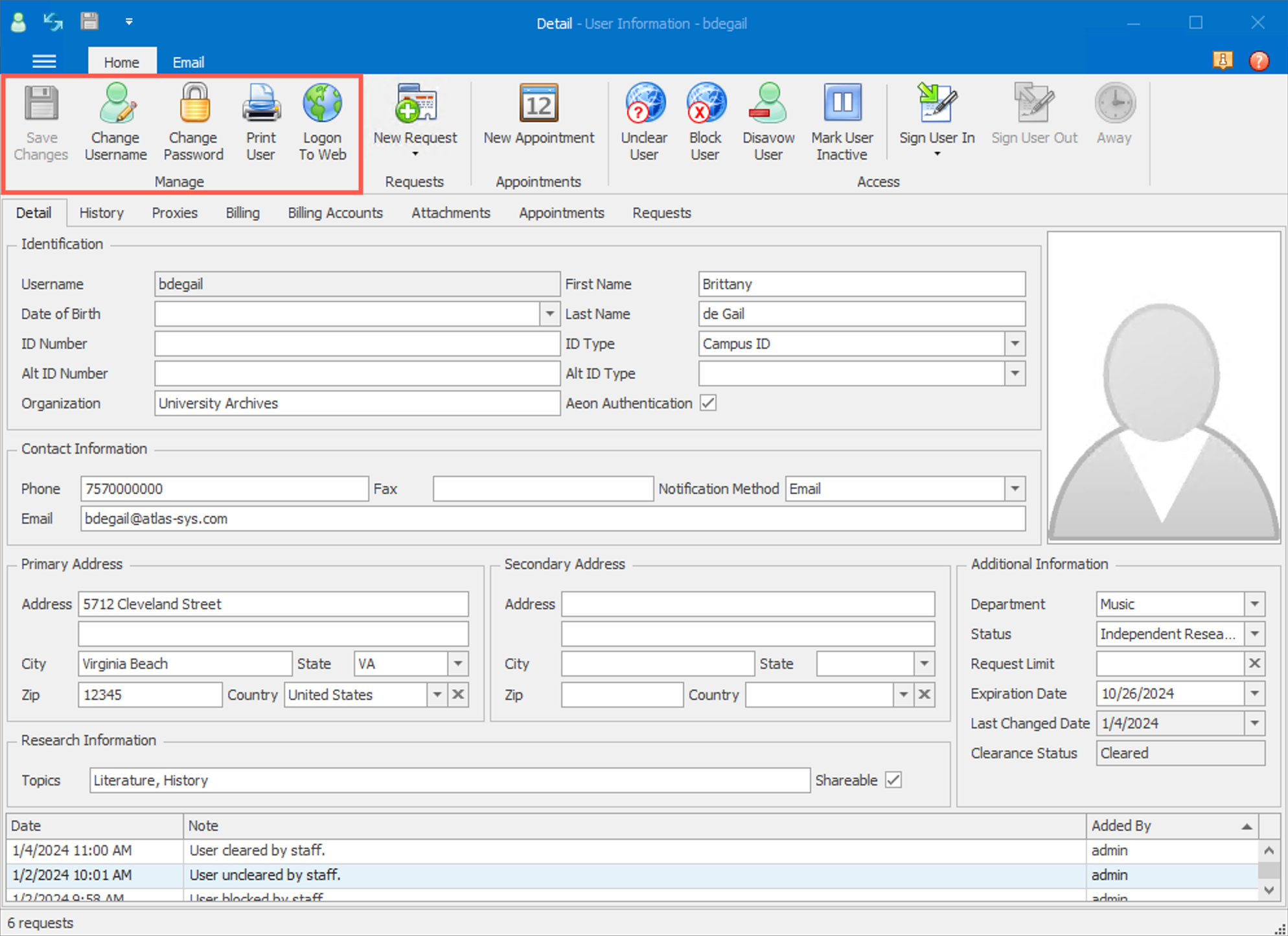 Buttons in Manage group on Home ribbon of the User Information form