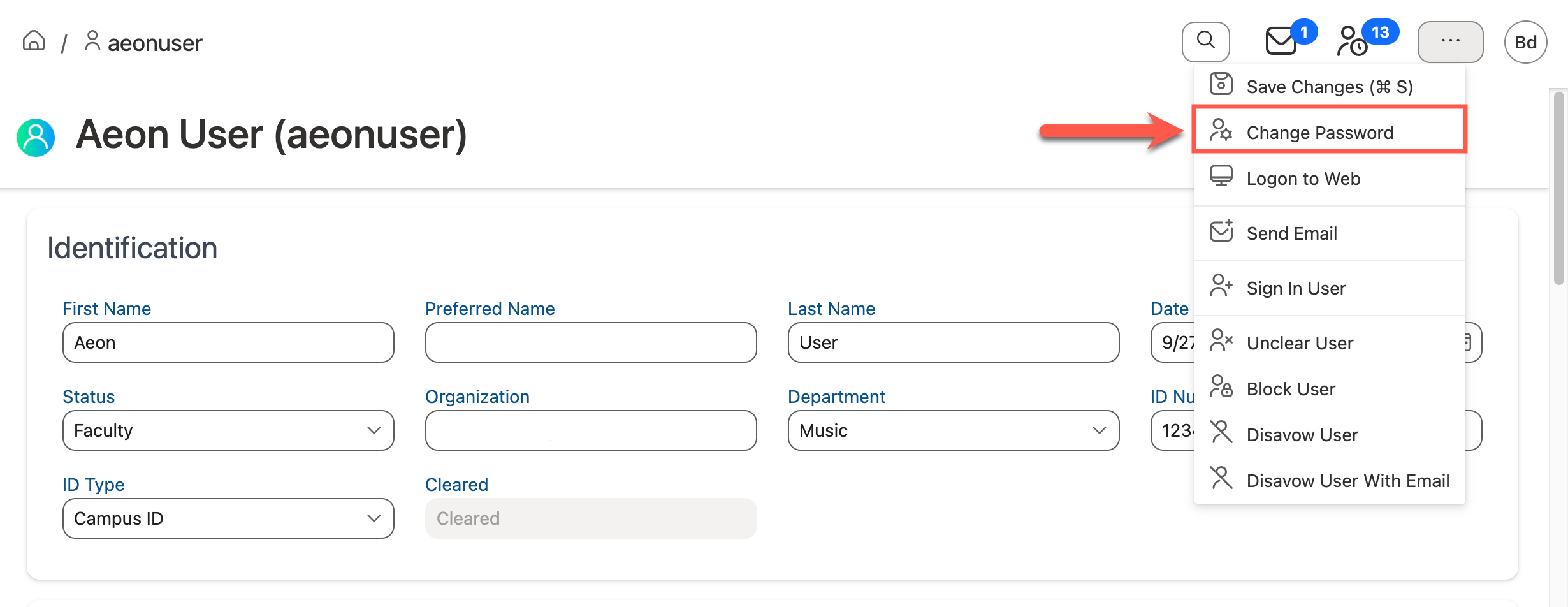 Change Password option in Action menu