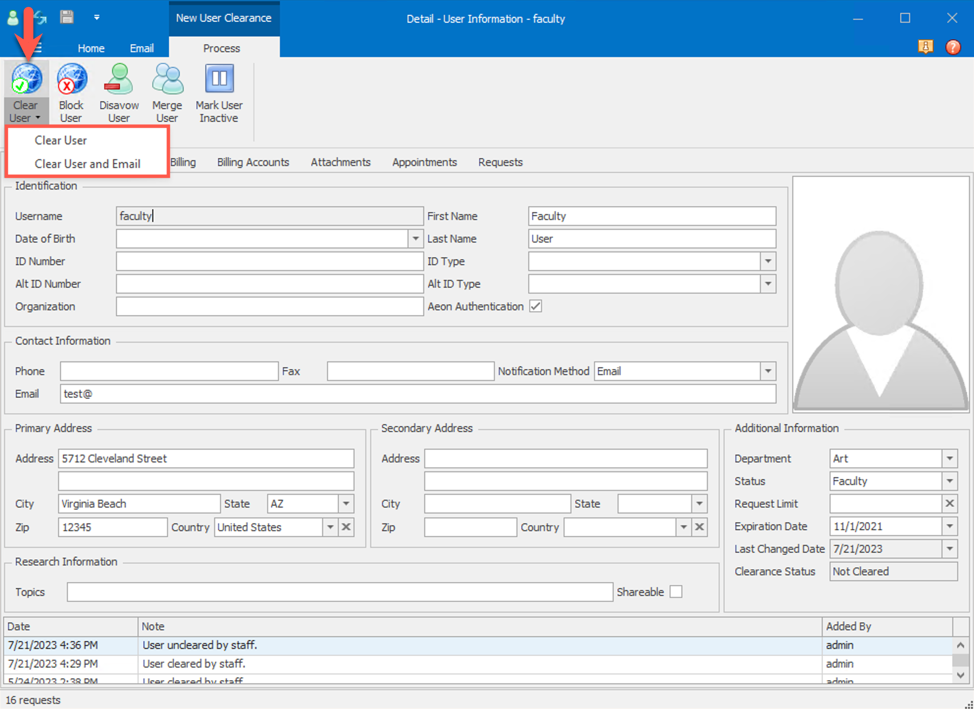 Clear user from the User Information form