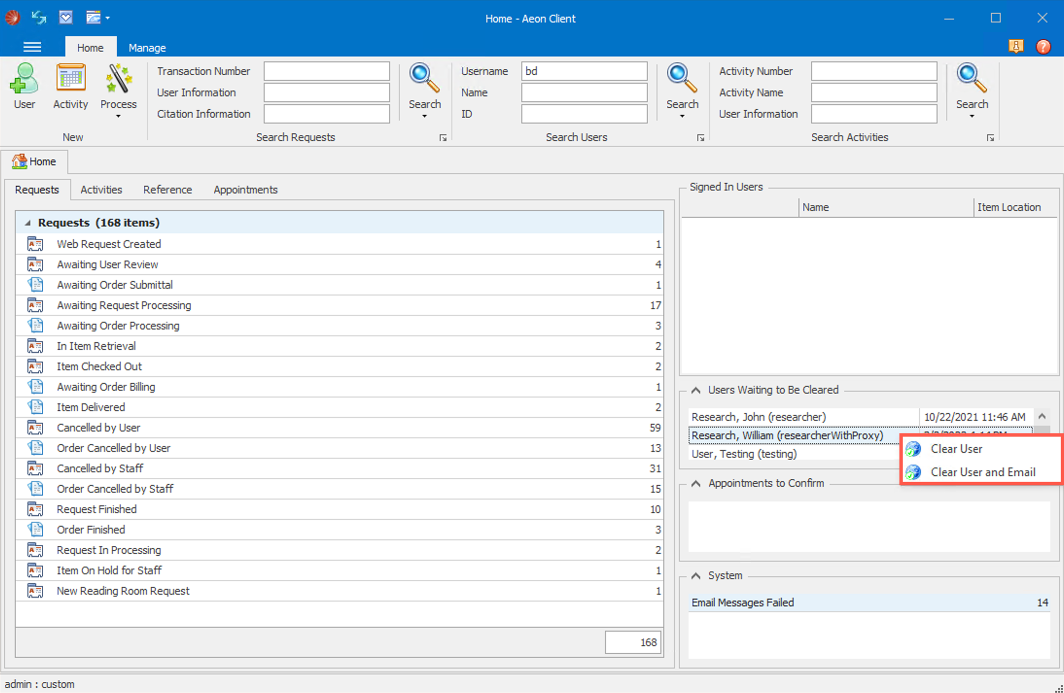 Clear user options on Home page