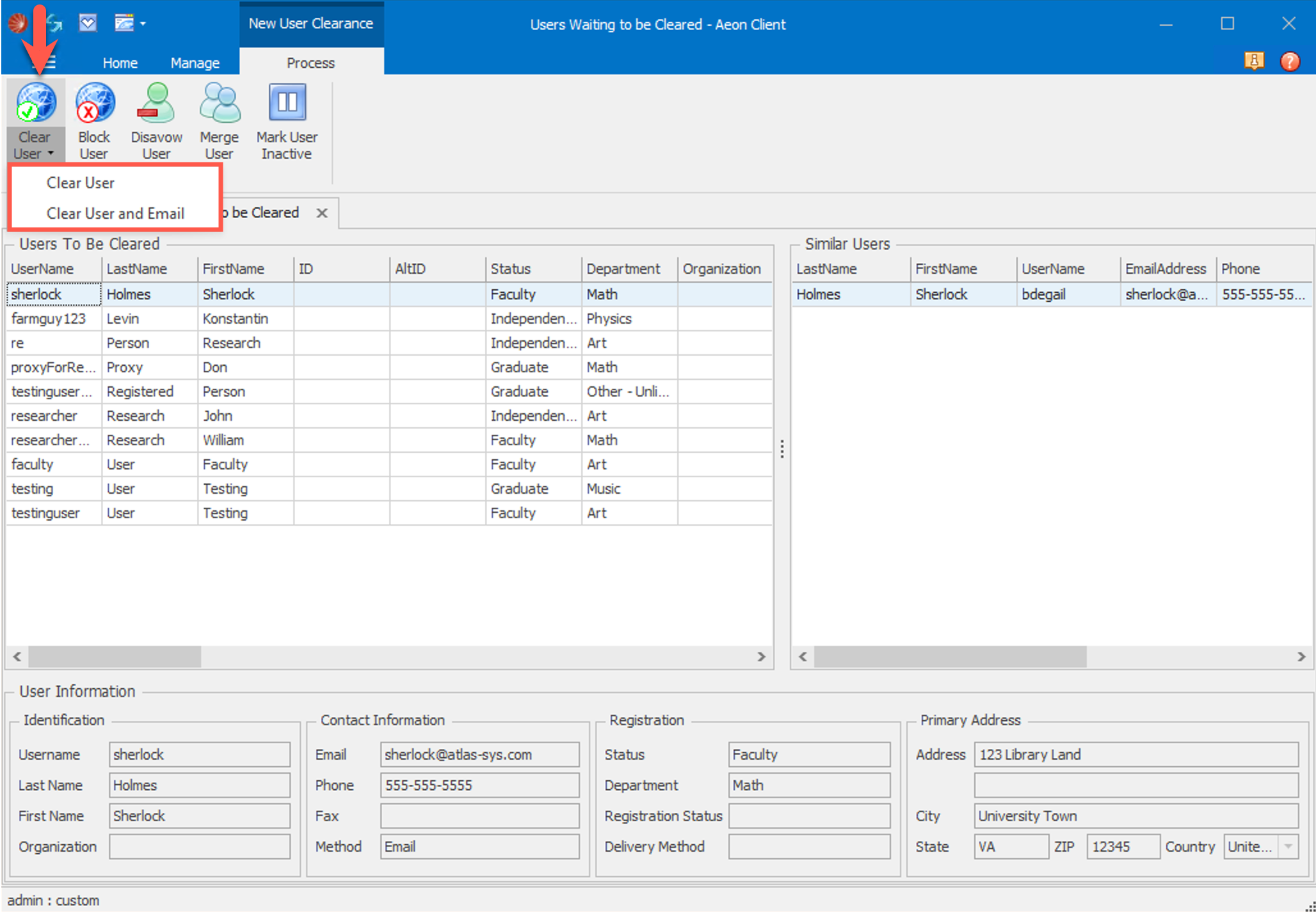 Clear user options on Users Waiting to Be Cleared form