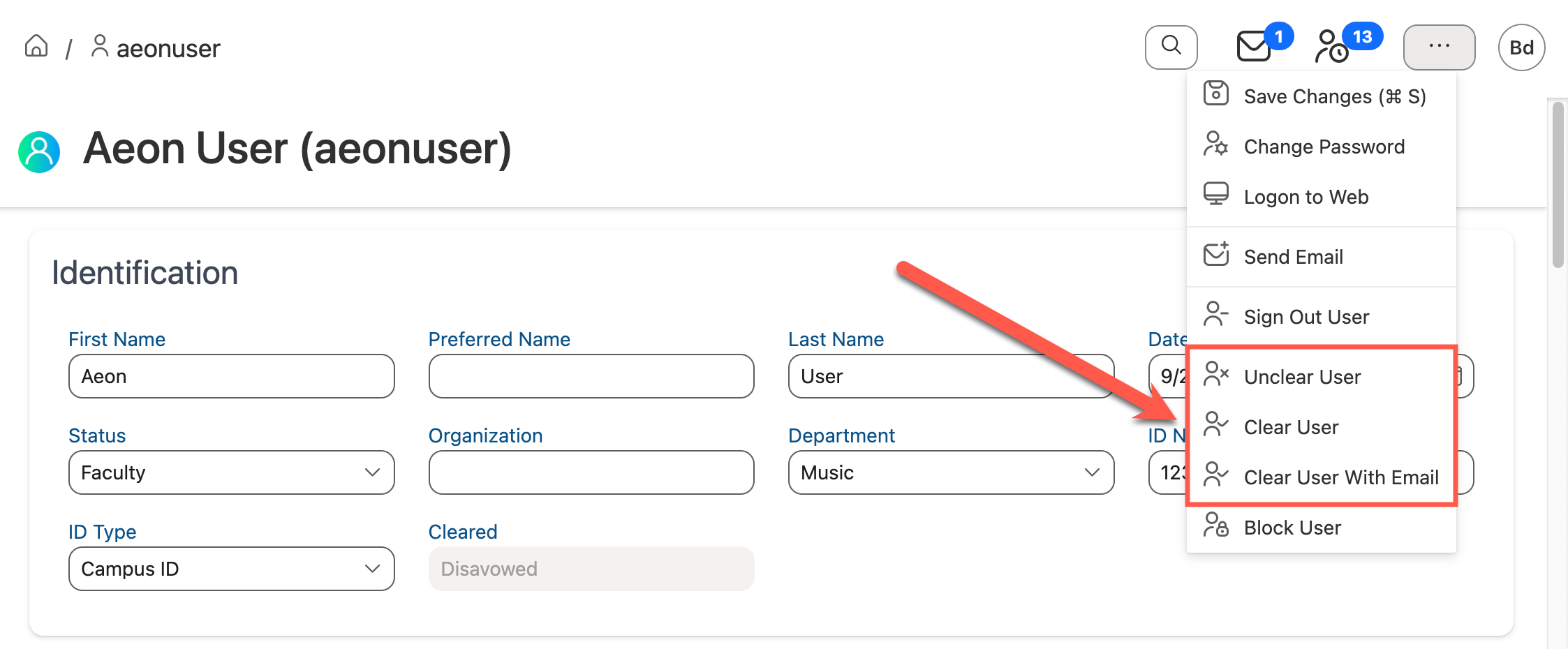 Clearance options in Action menu