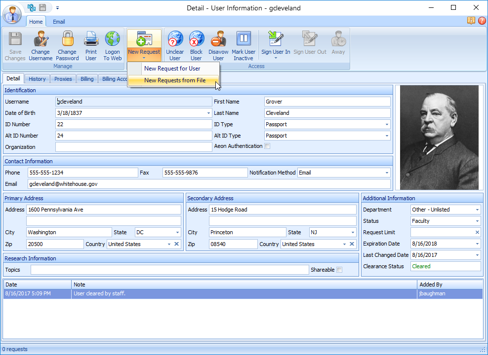 The User Information form in the Aeon Desktop Client with the New Request dropdown open, showing the New Request for User and New Requests from File options