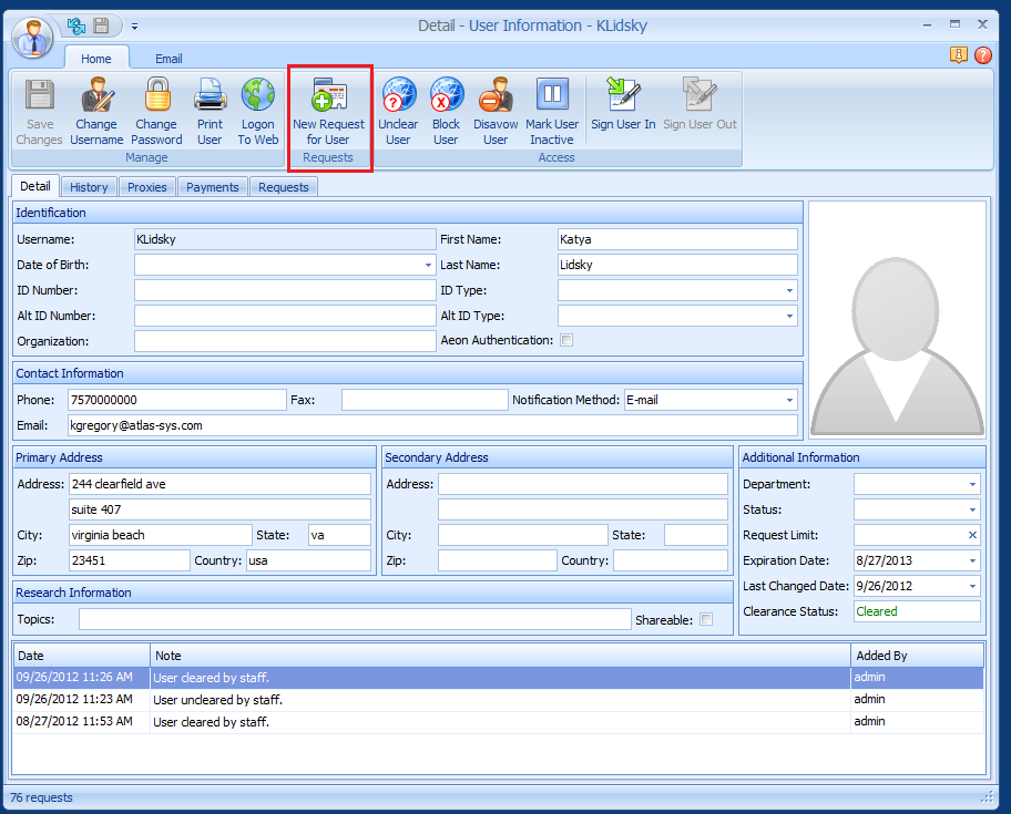 The User Information form in the Aeon Desktop Client with the New Request for User button highlighted on the Home ribbon