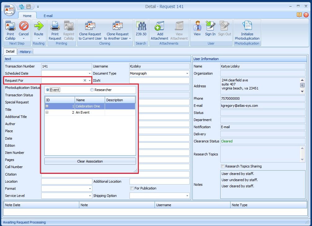 A request Detail form with the Request For field expanded, showing the Event/Researcher selector and a grid of activities to associate with the request