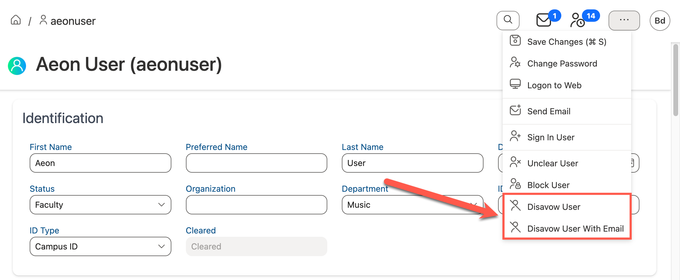 Disavow user options displayed in Action menu