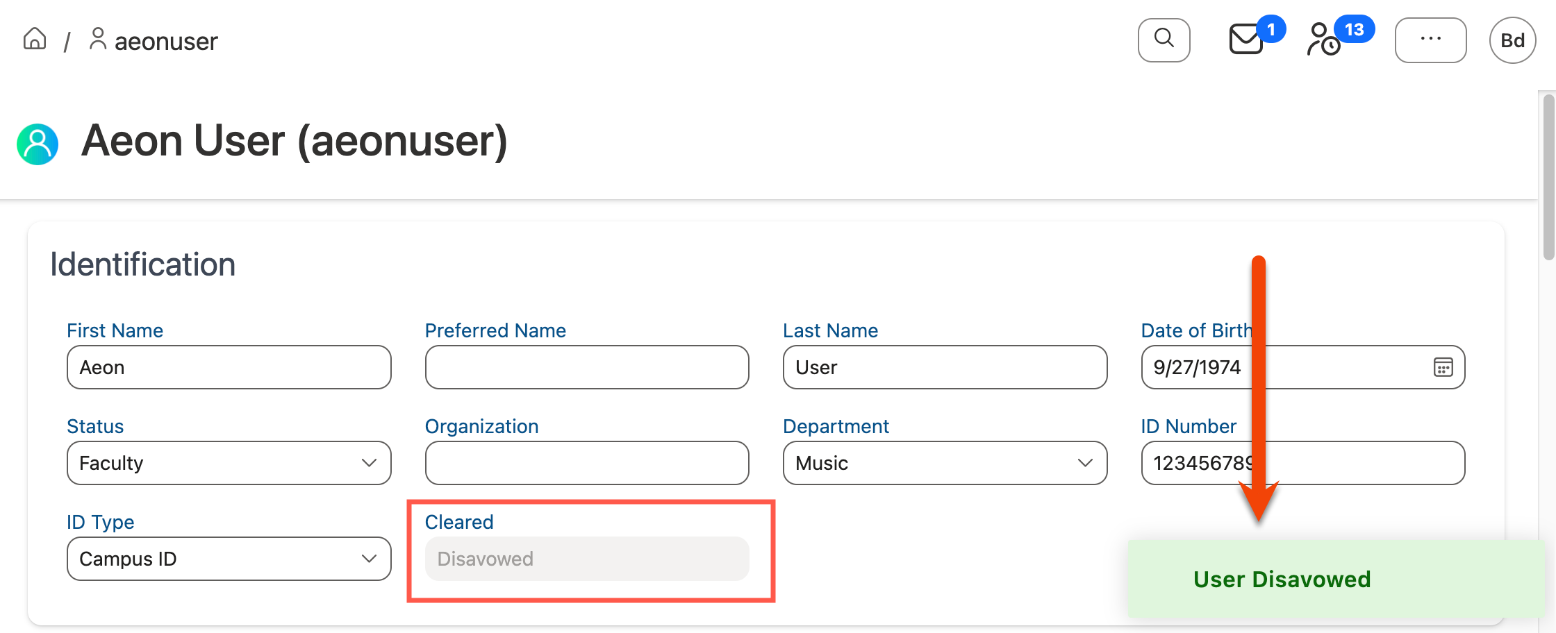 Disavowed status in Cleared field on user profile page
