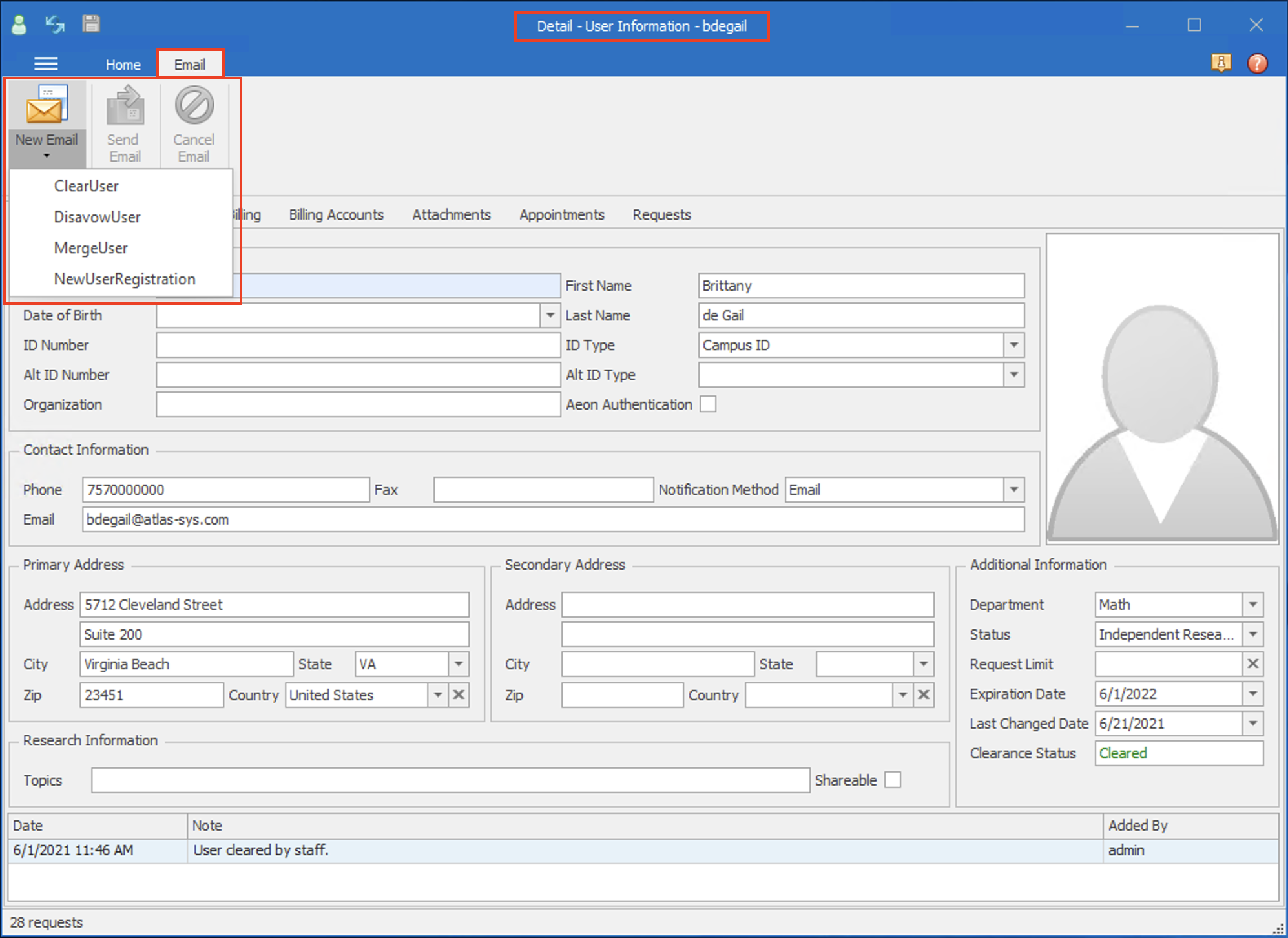 Email Ribbon on User Information form