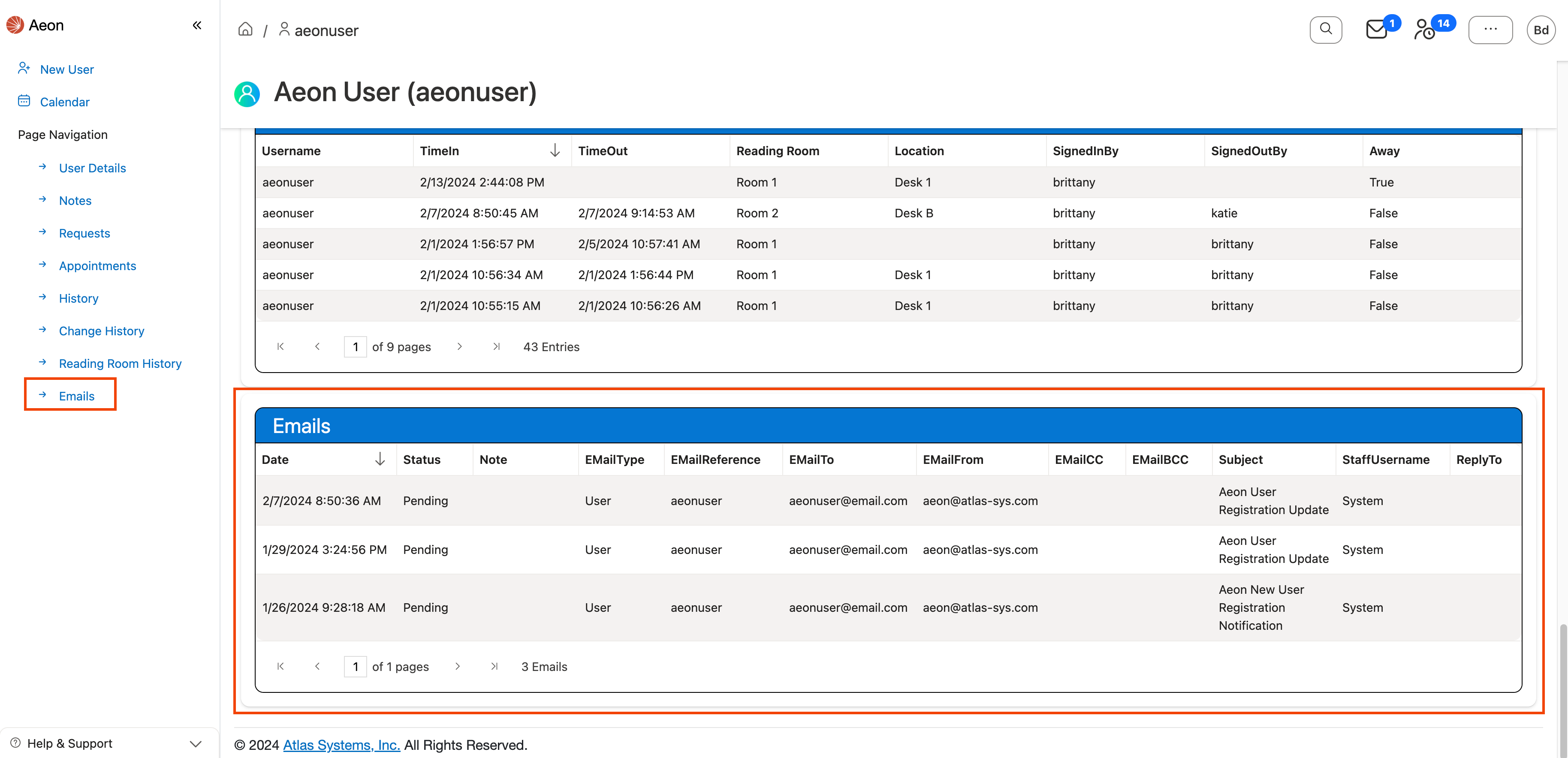 Emails grid highlighted in web client