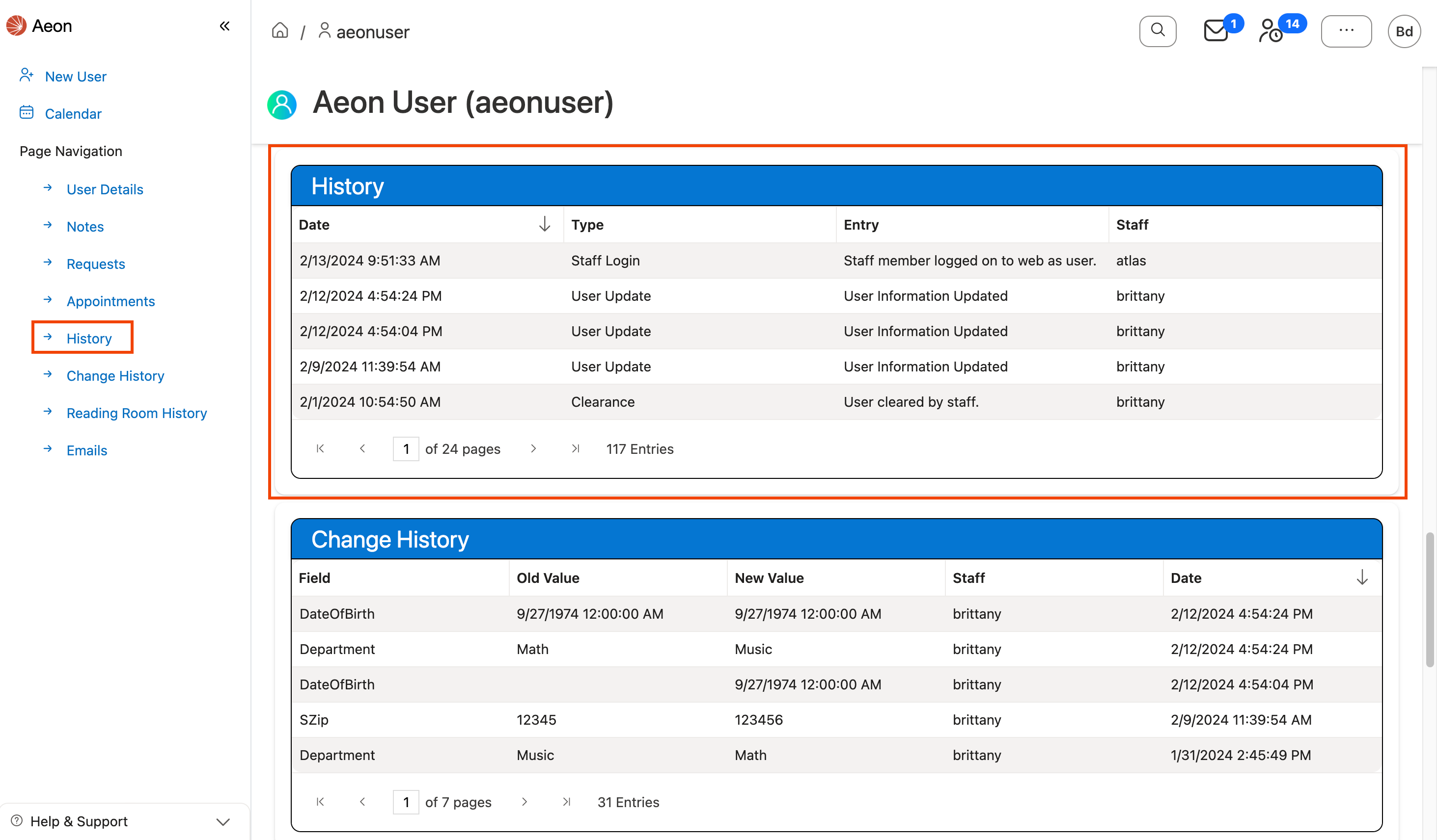 History grid in web client