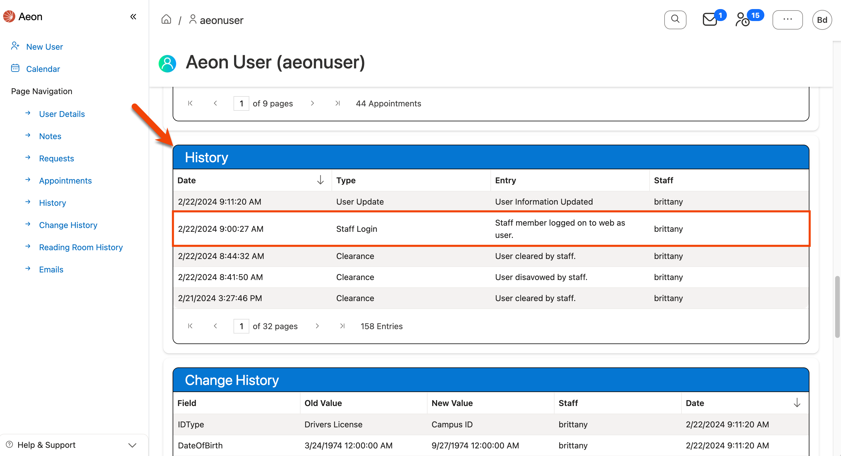 History grid on user profile page