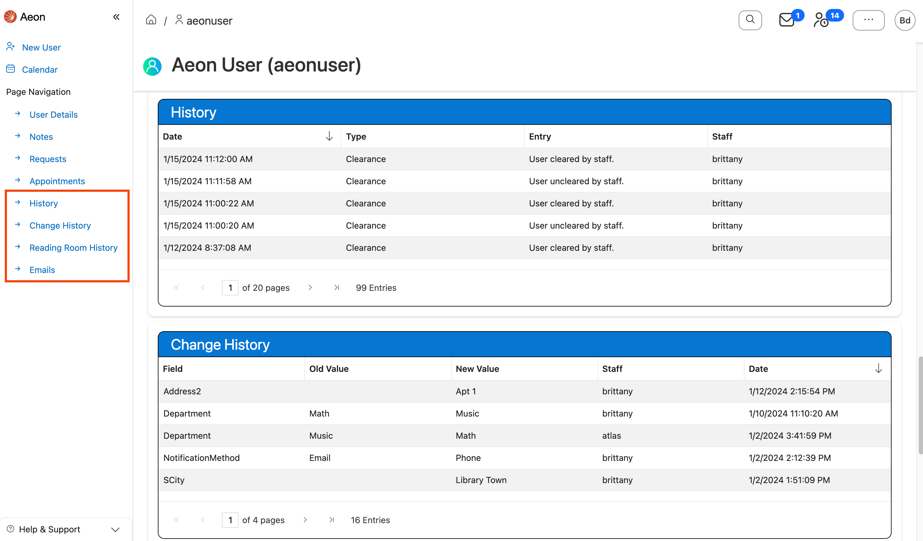 History navigation links highlighted on User Information page