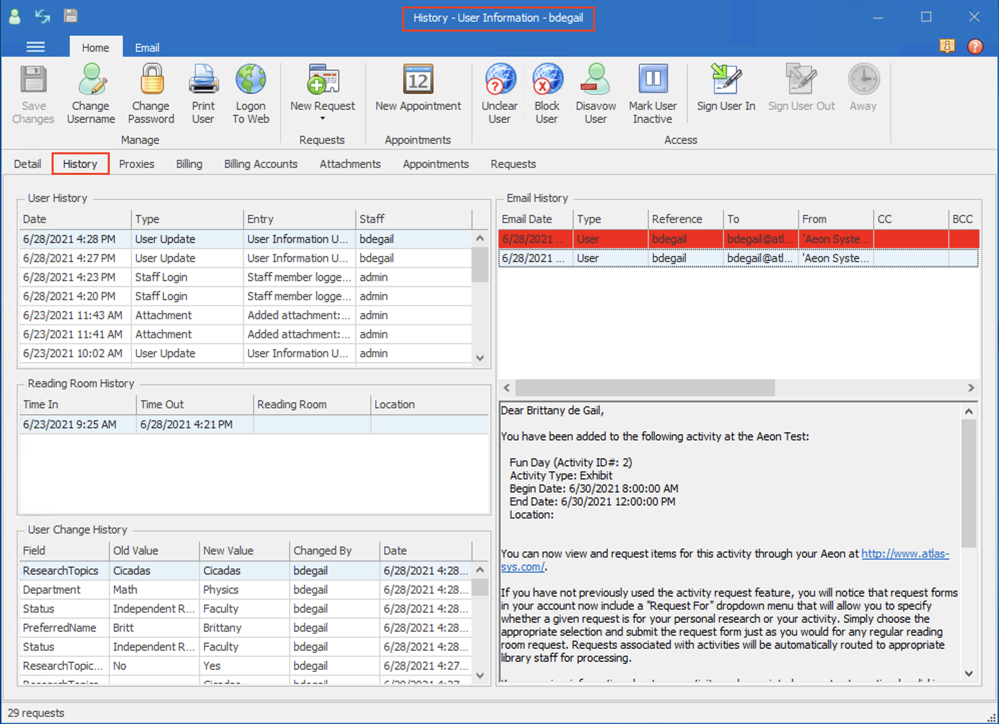 History tab highlighted on User Information form
